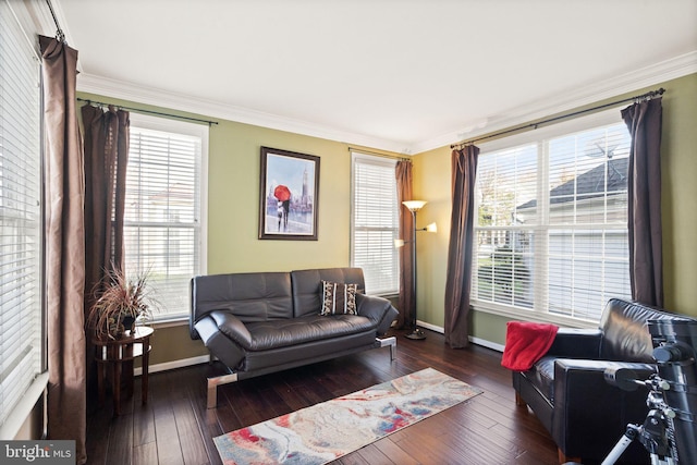 living room with dark hardwood / wood-style floors, a healthy amount of sunlight, and ornamental molding