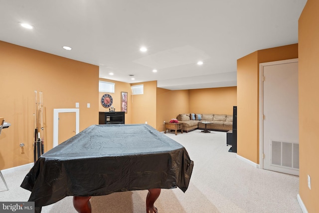 game room with light colored carpet and billiards