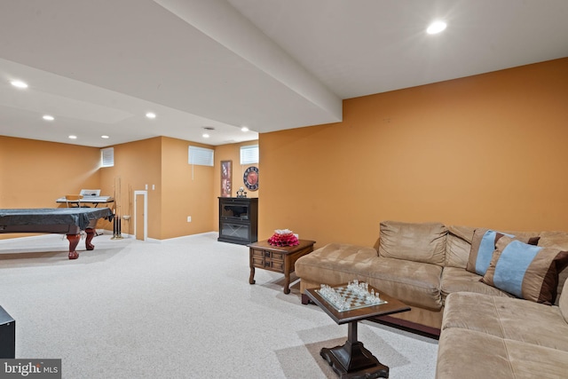 living room featuring pool table and carpet floors