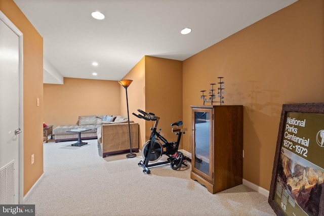 workout room featuring carpet