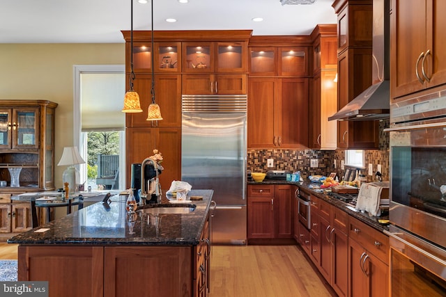 kitchen featuring wall chimney exhaust hood, appliances with stainless steel finishes, a kitchen island with sink, light hardwood / wood-style floors, and sink