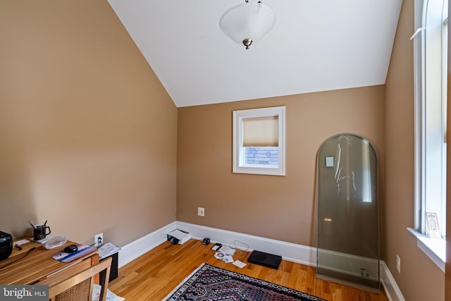 exercise area with hardwood / wood-style flooring and vaulted ceiling