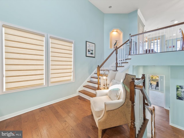 staircase featuring a high ceiling and hardwood / wood-style floors