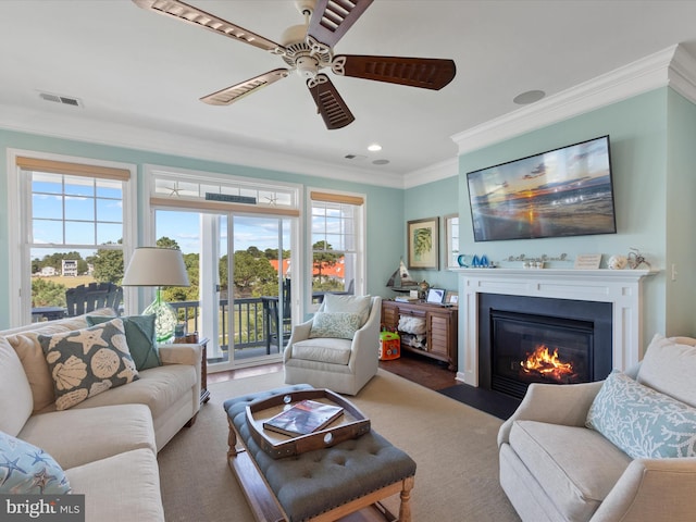 living room featuring ceiling fan and crown molding