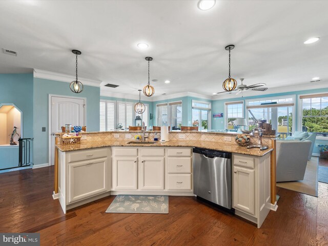 kitchen featuring dishwasher, dark hardwood / wood-style flooring, hanging light fixtures, and white cabinets