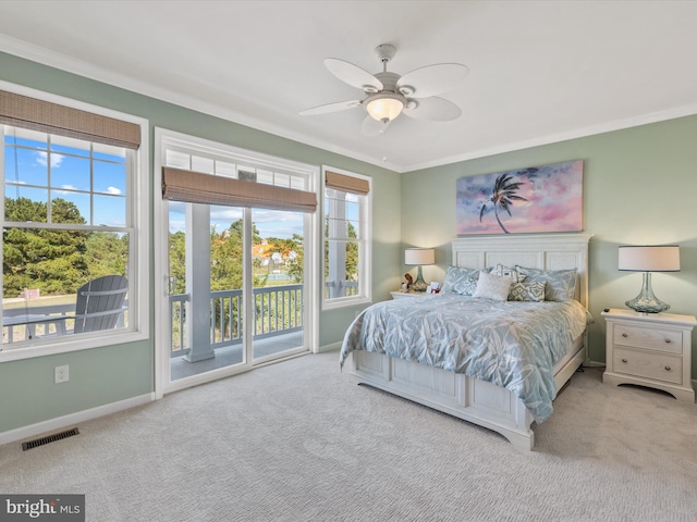 bedroom with ceiling fan, crown molding, access to outside, and light carpet