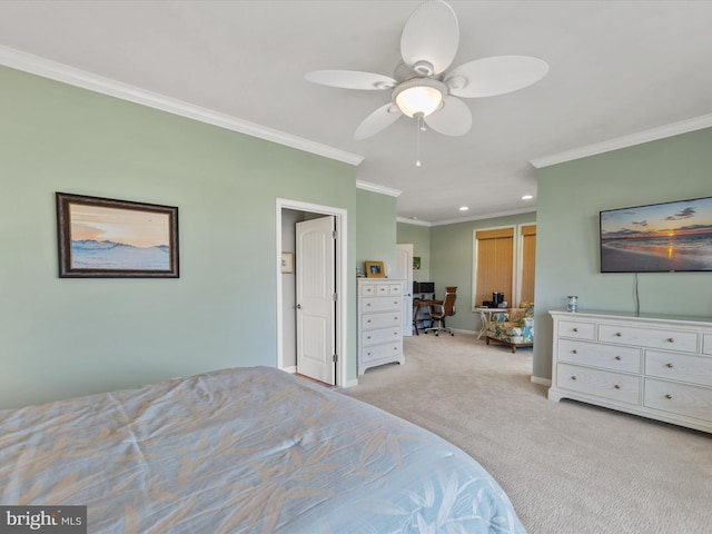 bedroom featuring ceiling fan, ornamental molding, and light carpet