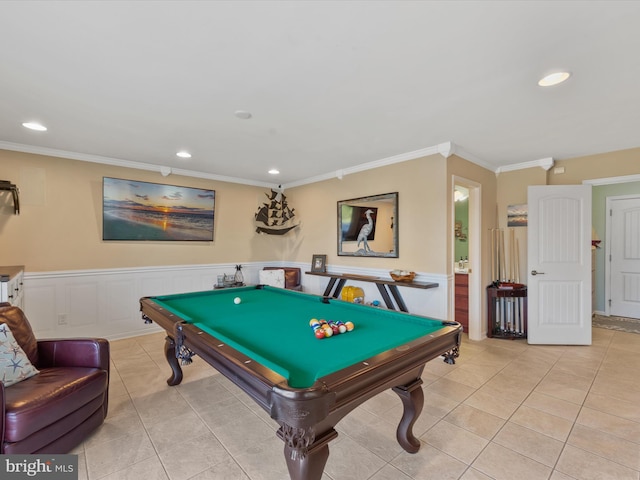 rec room with billiards, ornamental molding, and light tile patterned floors