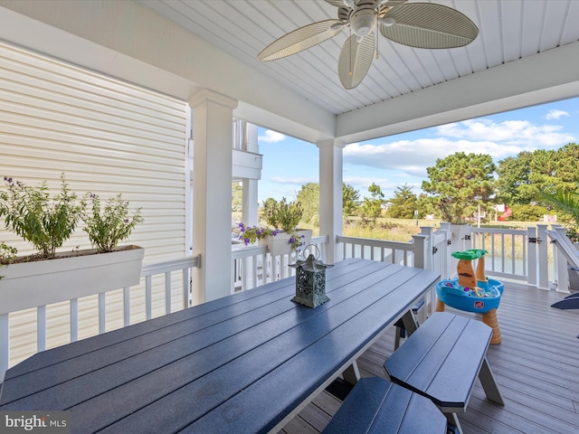 wooden deck with ceiling fan