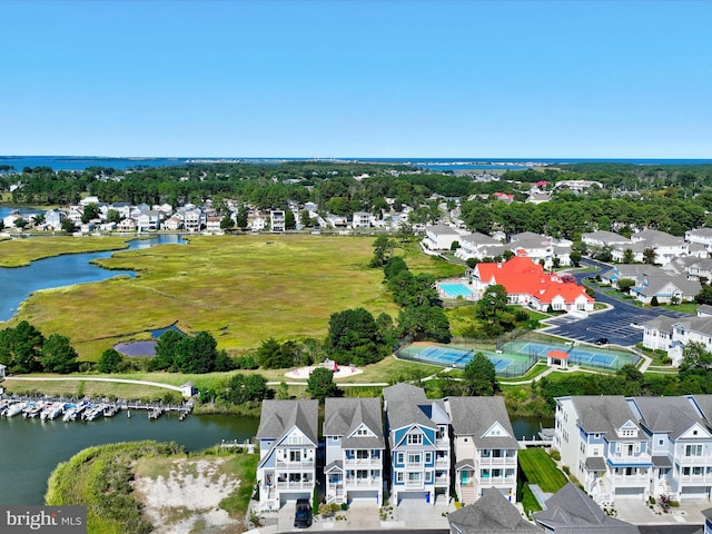 aerial view featuring a water view