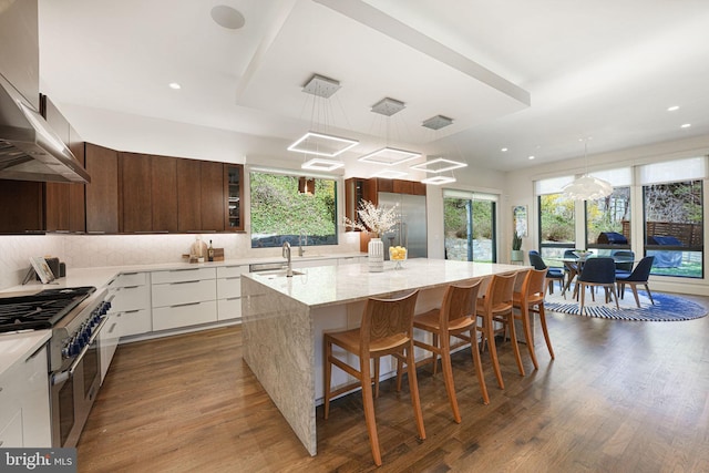 kitchen with dark wood-style floors, extractor fan, range with two ovens, and modern cabinets