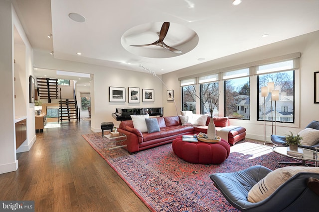 living room featuring stairway, recessed lighting, a ceiling fan, and hardwood / wood-style floors