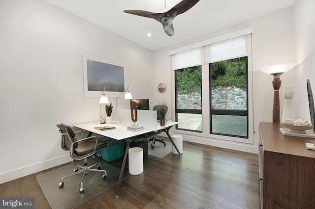 home office with ceiling fan and dark hardwood / wood-style flooring