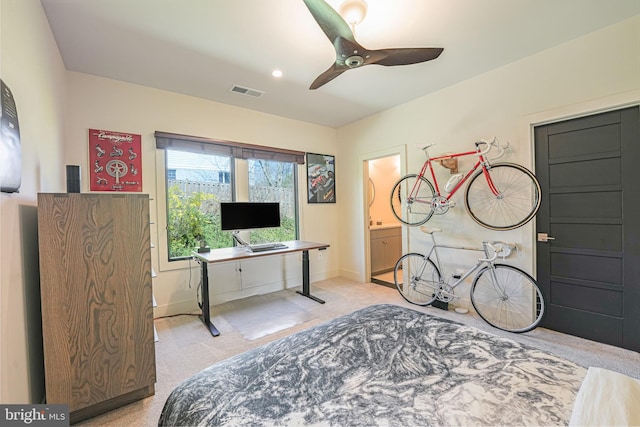 interior space with a ceiling fan, light colored carpet, visible vents, and baseboards