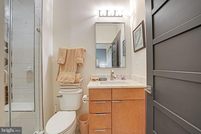 full bathroom featuring vanity, toilet, and a shower stall