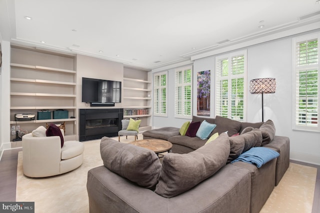 living room with built in features and wood-type flooring