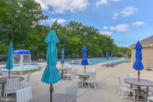 view of swimming pool featuring a patio and pool water feature