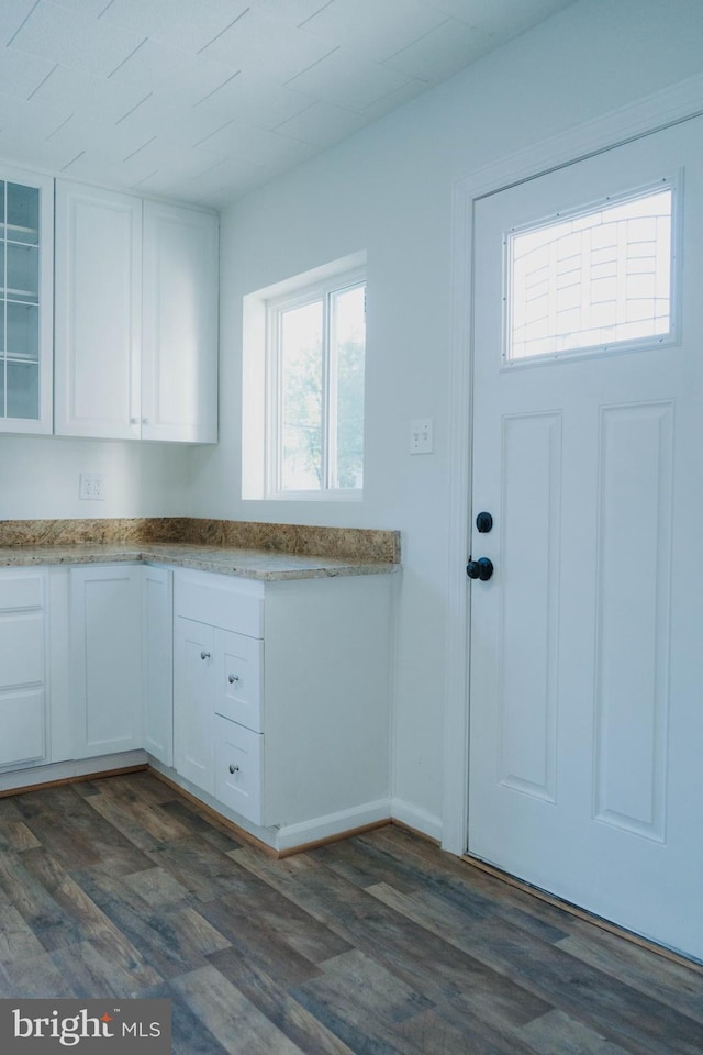 kitchen featuring dark hardwood / wood-style floors and white cabinetry