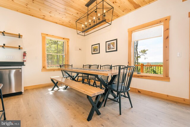 dining room featuring an inviting chandelier, wood ceiling, and light hardwood / wood-style flooring