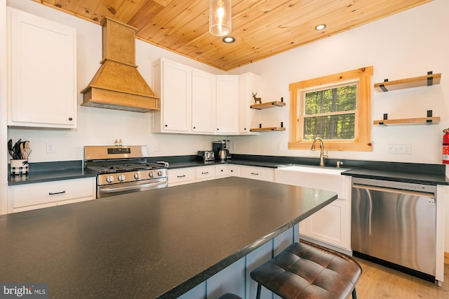 kitchen featuring appliances with stainless steel finishes, custom range hood, wood ceiling, white cabinetry, and light wood-type flooring