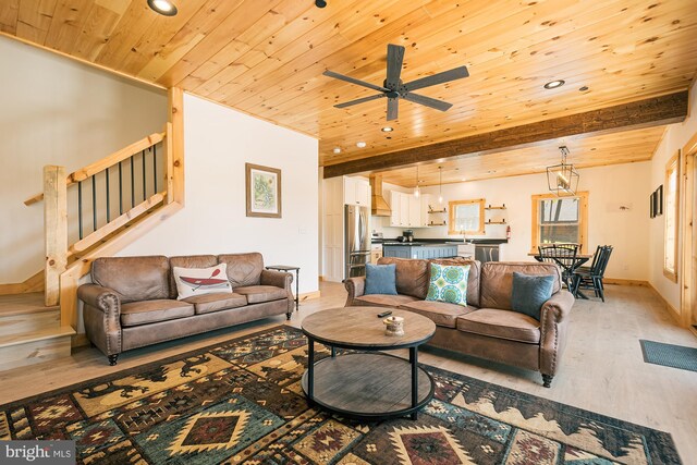 living room with wood ceiling, light hardwood / wood-style floors, ceiling fan, and sink