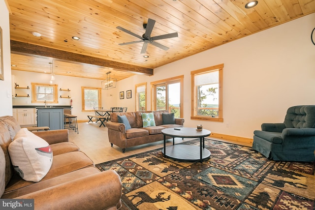 living room with ceiling fan, beamed ceiling, wood ceiling, and sink