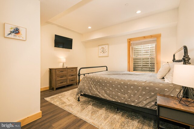 bedroom with dark hardwood / wood-style floors