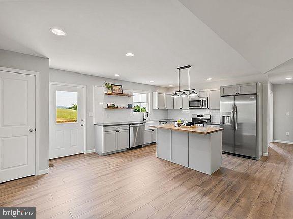 kitchen featuring a center island, light wood-style floors, gray cabinets, and stainless steel appliances