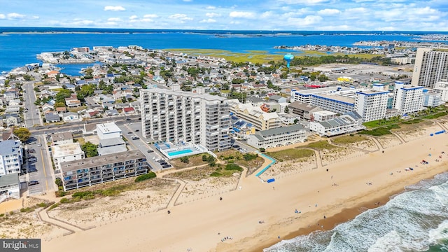 aerial view featuring a beach view and a water view