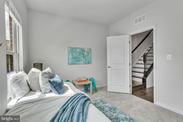 carpeted bedroom with multiple windows