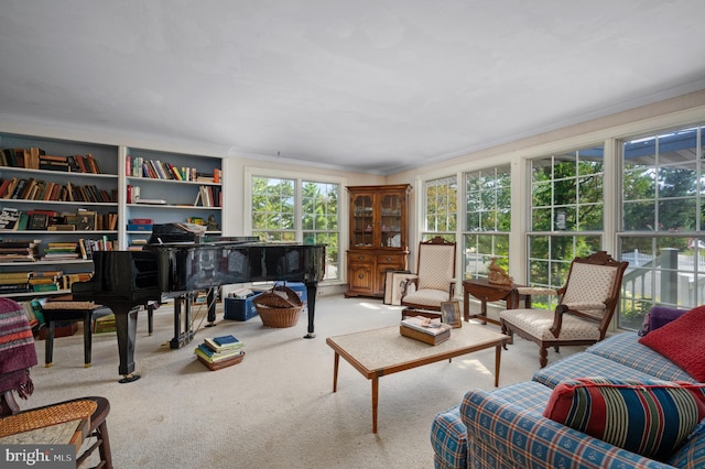 carpeted living room featuring ornamental molding