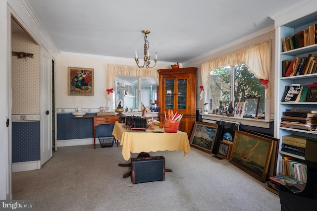 carpeted office space featuring crown molding and an inviting chandelier