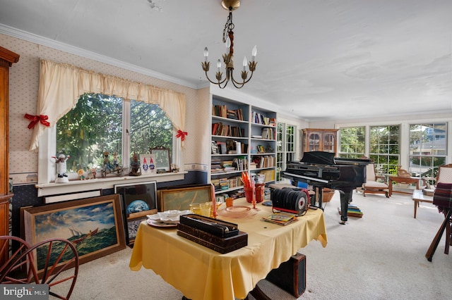 sitting room with crown molding, light carpet, and a chandelier