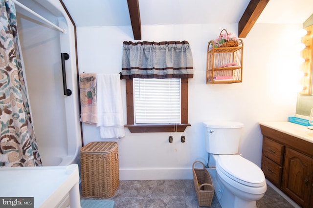 full bathroom with vanity, a shower with curtain, baseboards, beam ceiling, and toilet