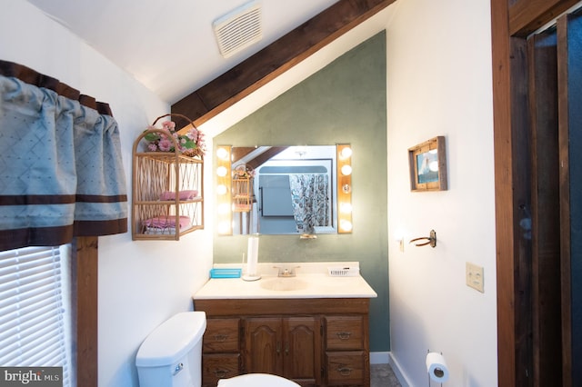 bathroom with visible vents, toilet, baseboards, vaulted ceiling with beams, and vanity