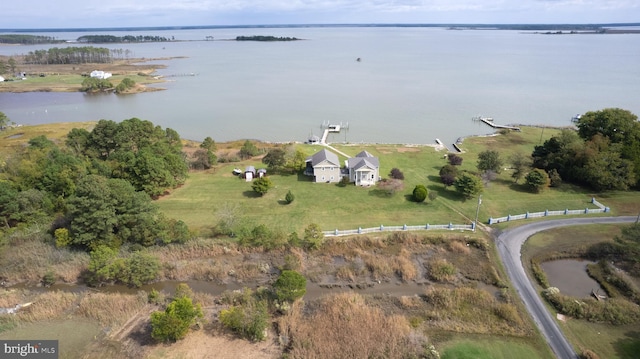 bird's eye view with a water view