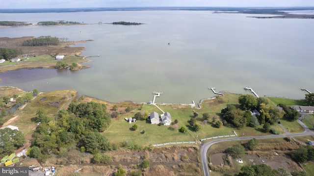 drone / aerial view featuring a water view