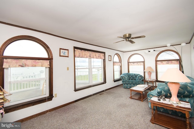 living area with carpet floors, ceiling fan, baseboards, and ornamental molding