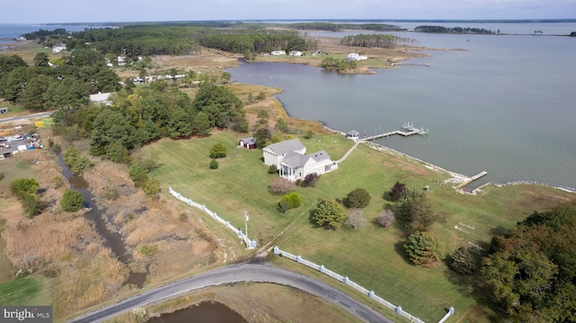 drone / aerial view featuring a water view