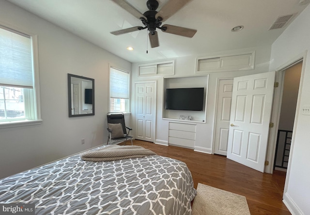 bedroom featuring dark wood-type flooring, ceiling fan, and multiple windows