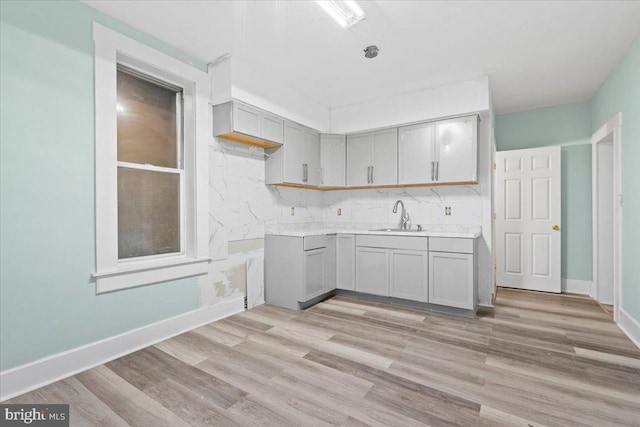 kitchen featuring backsplash, sink, light wood-type flooring, and gray cabinets