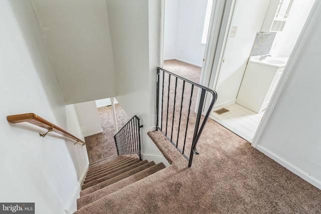 stairway featuring sink and carpet floors