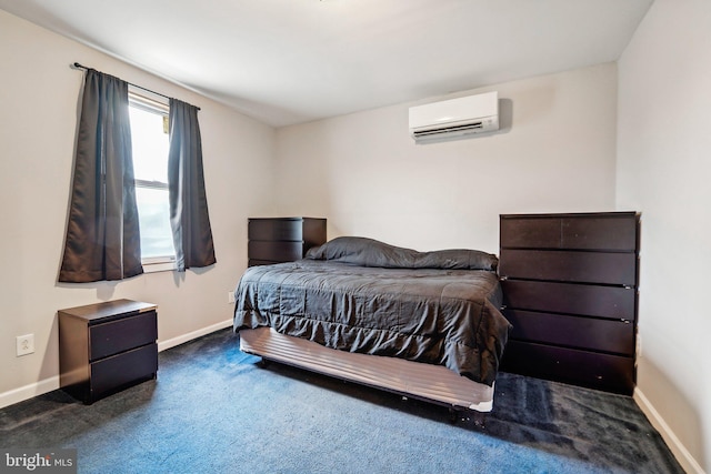 bedroom featuring dark carpet and a wall mounted air conditioner