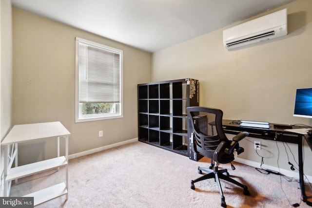 carpeted office featuring an AC wall unit