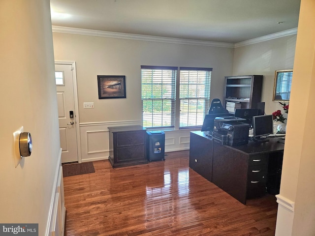 office area featuring crown molding and hardwood / wood-style floors