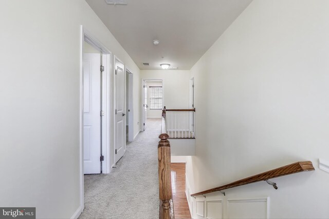 hallway featuring wood-type flooring and ornamental molding