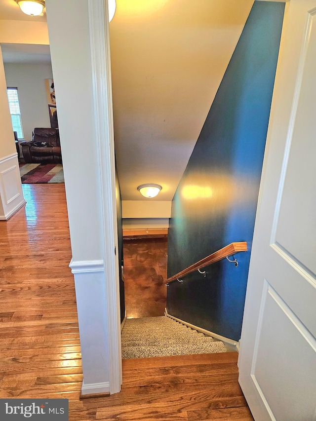 stairway with hardwood / wood-style flooring