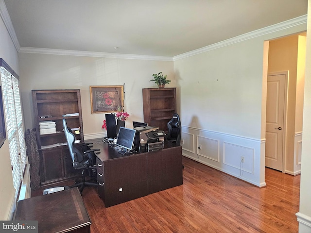 office space featuring crown molding and hardwood / wood-style flooring