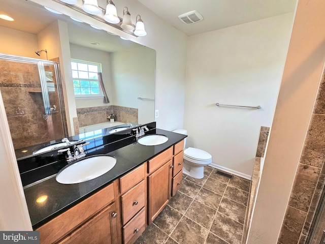 full bathroom featuring vanity, toilet, and plus walk in shower