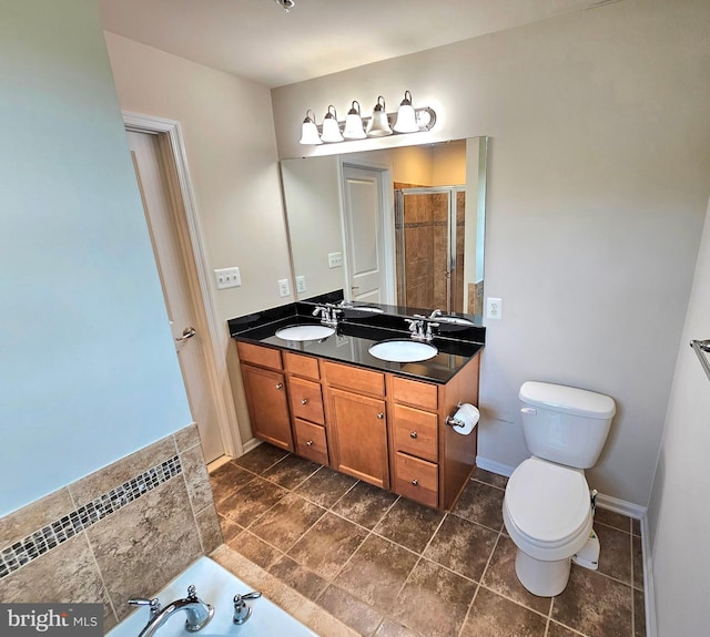 bathroom featuring vanity, toilet, and a shower with door